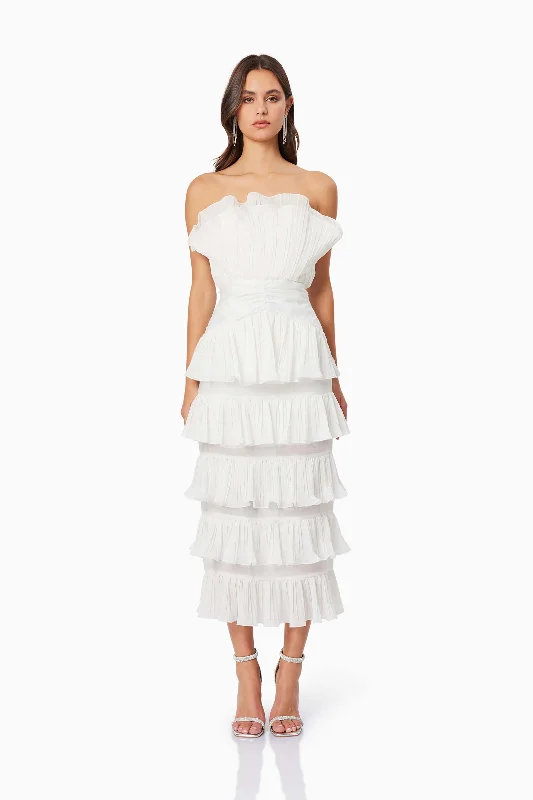 Empire Waist Women Dress to Accentuate the Bust and Conceal the WaistMaya Pleated Midi Dress in White Empire Waist Women Dress to Accentuate the Bust and Conceal the WaistMaya Pleated Midi Dress in White