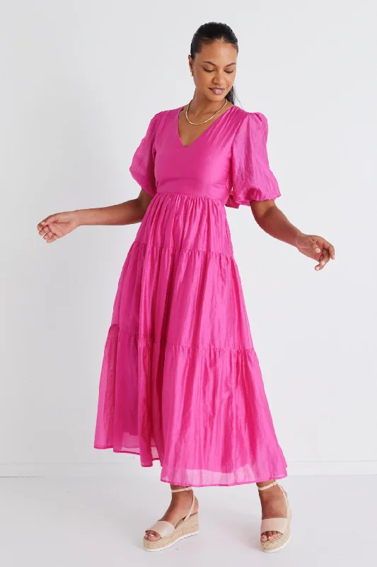 Mermaid - Style Women Dress with a Fitted Silhouette for Special OccasionsMusical Hot Pink Tie Back Puff Sleeve Maxi Dress