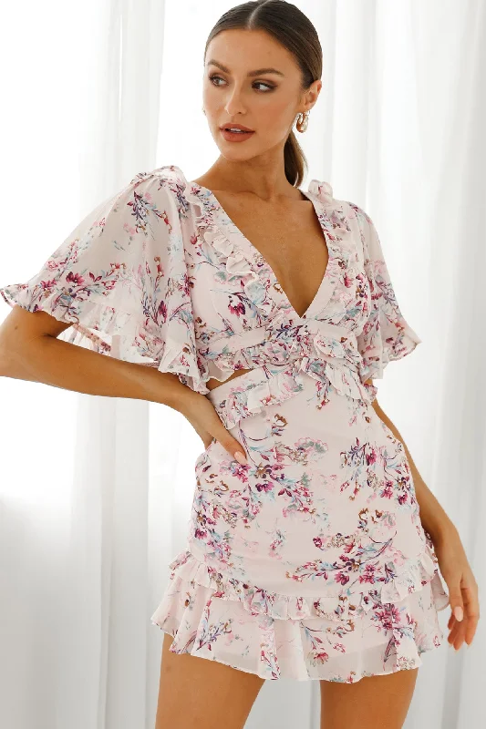 Little Black Women Dress with Sequins for a Glamorous Night OutMy Belle Cut-Out Detail Frill Accent Dress Floral Print Pink