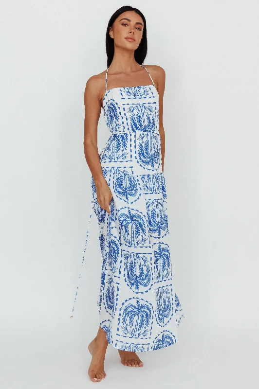 Ruffled Women Dress with Multiple Layers for a Playful and Girly StyleNatasia Halterneck Maxi Dress Palm Print Blue Ruffled Women Dress with Multiple Layers for a Playful and Girly StyleNatasia Halterneck Maxi Dress Palm Print Blue