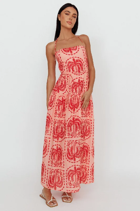 Maxi Women Dress with Floral Print for a Bohemian VibeNatasia Halterneck Maxi Dress Palm Print Red Maxi Women Dress with Floral Print for a Bohemian VibeNatasia Halterneck Maxi Dress Palm Print Red