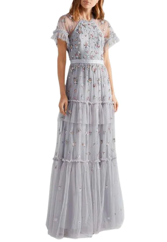 Mermaid - Style Women Dress with a Fitted Silhouette for Special OccasionsGrey Lustre Short Sleeves Embellished Gown