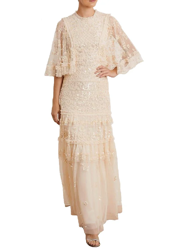 Pleated Women Dress with a Timeless and Elegant TextureIvory Melody Tonal Sequins Gown