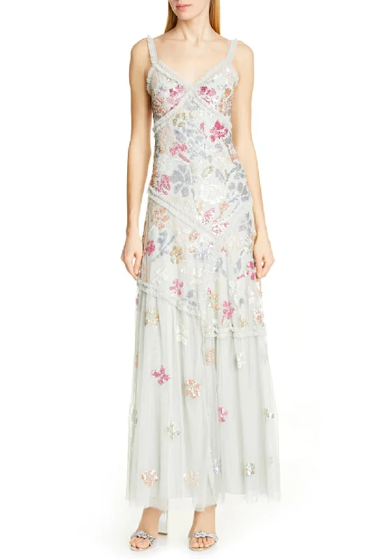 Sleeveless Women Dress in Bright Colors for Summer PartiesLight Grey Deconstructed Sequins Gown