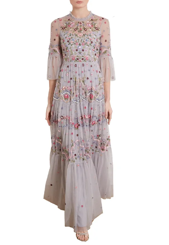 Strapless Women Dress with a Built - in Bra for Comfort and SupportLight Grey Dreamers Floral Embroidered Tulle Gown