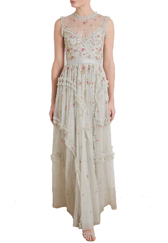 Long - Sleeve Women Dress in Velvet for a Luxurious Winter LookLight Grey Shimmer Ditsy Sleeveless Floral Embellished Gown