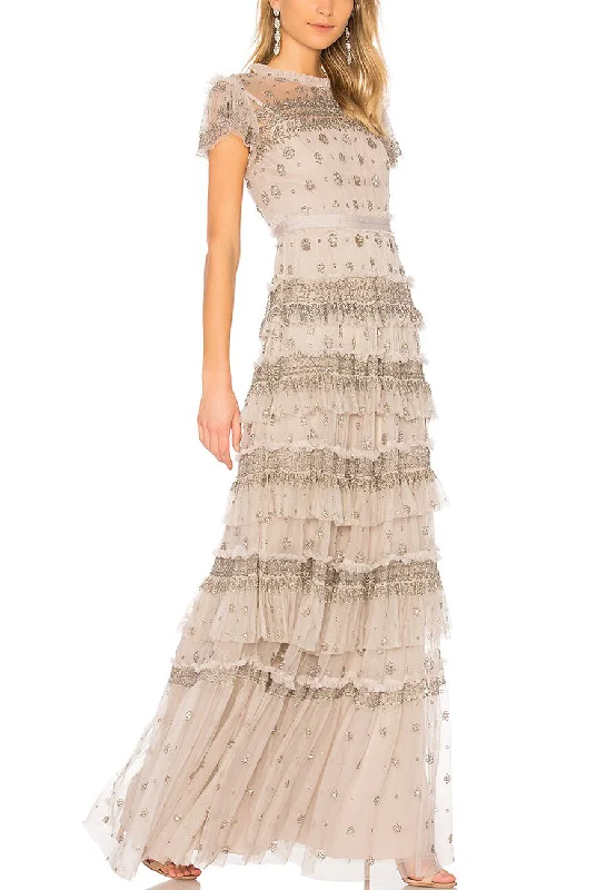 Backless Women Dress for a Sexy and Alluring Look at Evening EventsLight Grey Short Sleeves Embellished Ruffled Tiered Gown (UK 12)