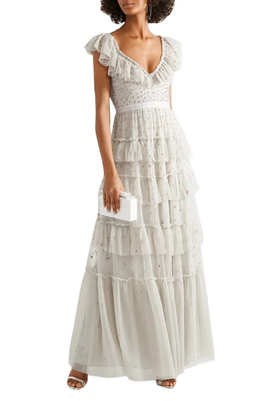 Printed Abstract Women Dress for a Modern and Artistic AppealLight Grey Sunburst Plunging Neck Tiered Embellished Tulle Gown (UK 6)