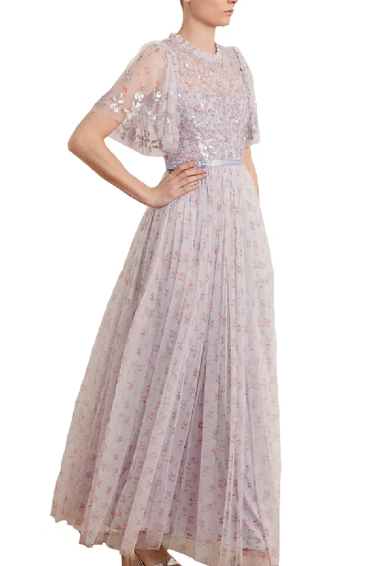 Ball Gown Women Dress with a Full Skirt for a Princess - like LookLilac Bijou Rose Sequins Bodice Printed Maxi Dress
