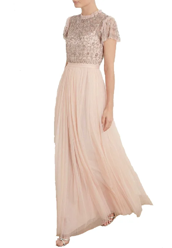 Pleated Women Dress with a Timeless and Elegant TextureNude Andromeda Short Sleeves Embellished Maxi Dress Pleated Women Dress with a Timeless and Elegant TextureNude Andromeda Short Sleeves Embellished Maxi Dress