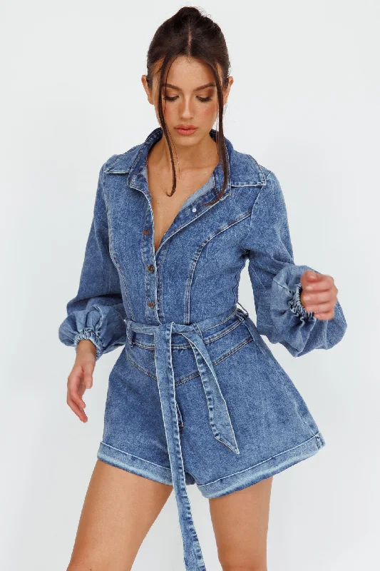 Off - the - Shoulder Women Dress for a Romantic and Feminine LookNew Day Long Sleeve Button-Up Romper Denim