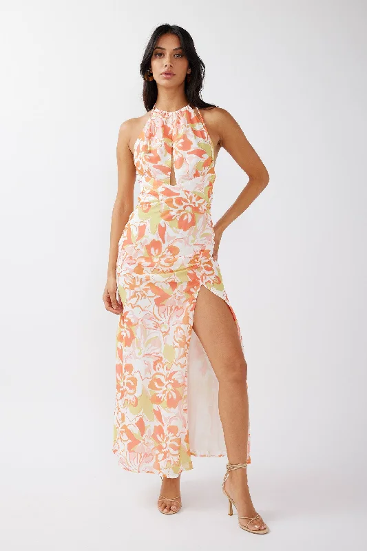 Sheath Women Dress with a Tailored Fit for a Professional LookNirvana Halterneck Split Midi Dress Floral Orange