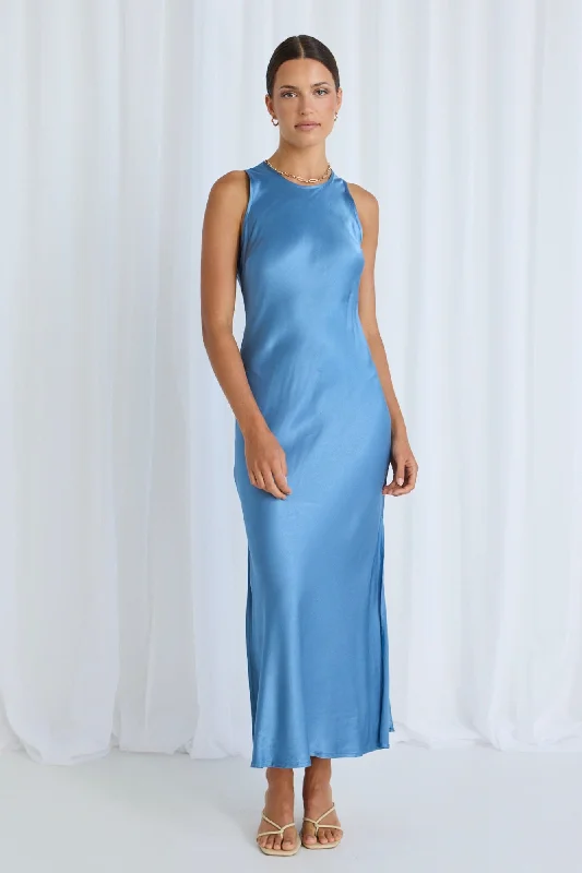 Halter Neck Women Dress to Show Off the Shoulders and NecklineNoah Blue Satin Scoop Neck Slip Dress