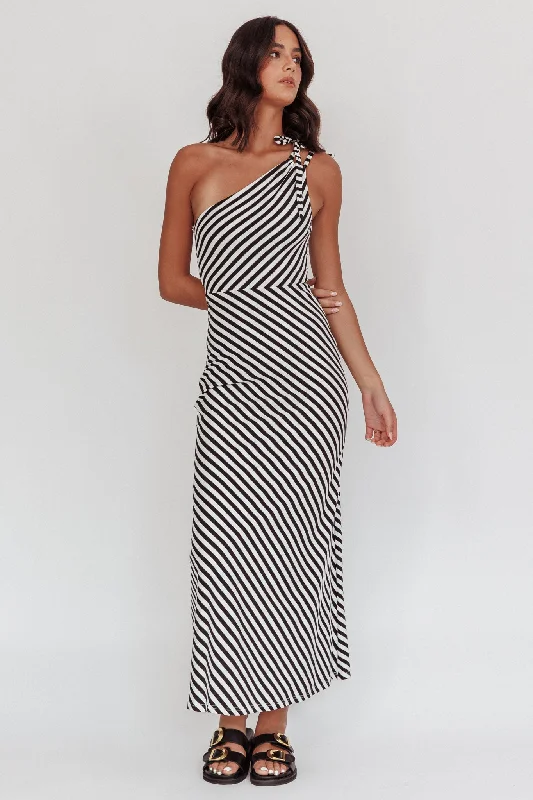 Printed Abstract Women Dress for a Modern and Artistic AppealOcean Road Tied One-Shoulder Maxi Dress Stripe Black