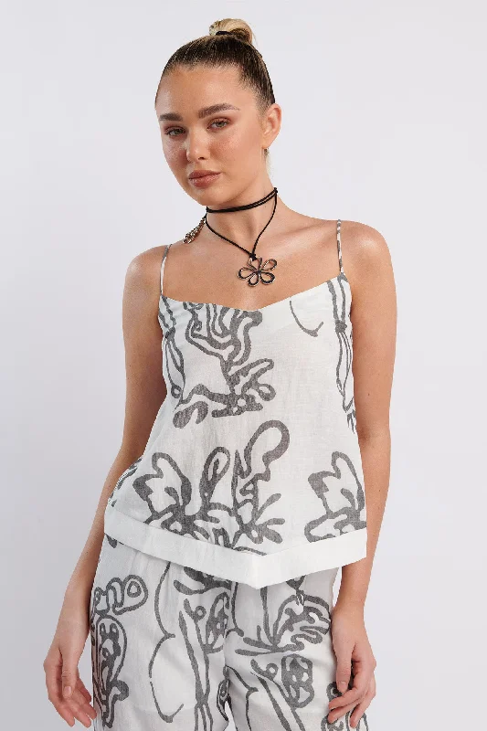 Pleated Women Dress with a Timeless and Elegant TextureOceania Cami Strap Top Print White