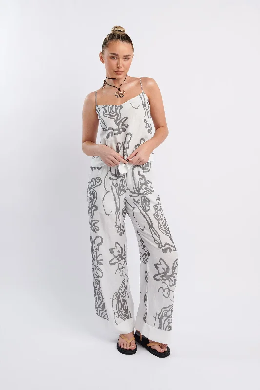 Printed Abstract Women Dress for a Modern and Artistic AppealOceania Long Pants Print White