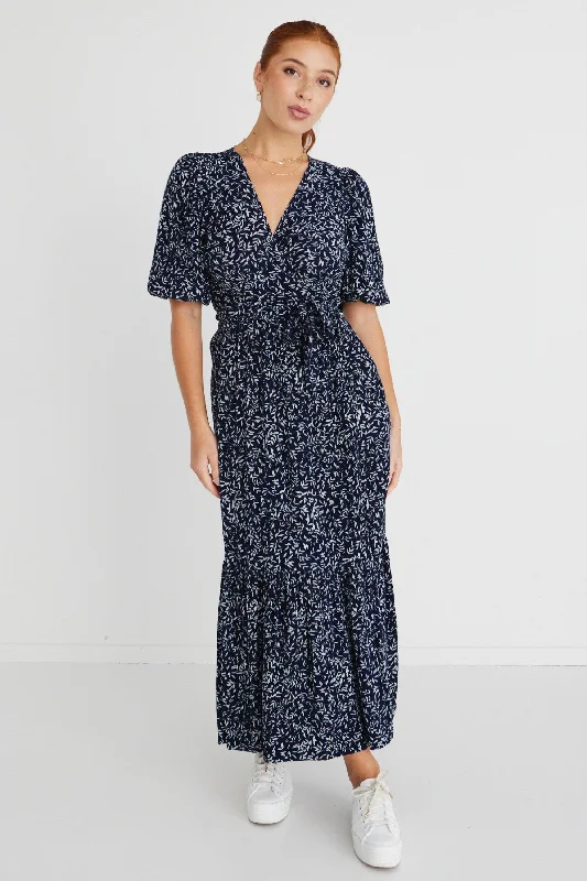 Off - the - Shoulder Women Dress for a Romantic and Feminine LookOcean Navy Leaves SS Wrap Maxi Dress Off - the - Shoulder Women Dress for a Romantic and Feminine LookOcean Navy Leaves SS Wrap Maxi Dress