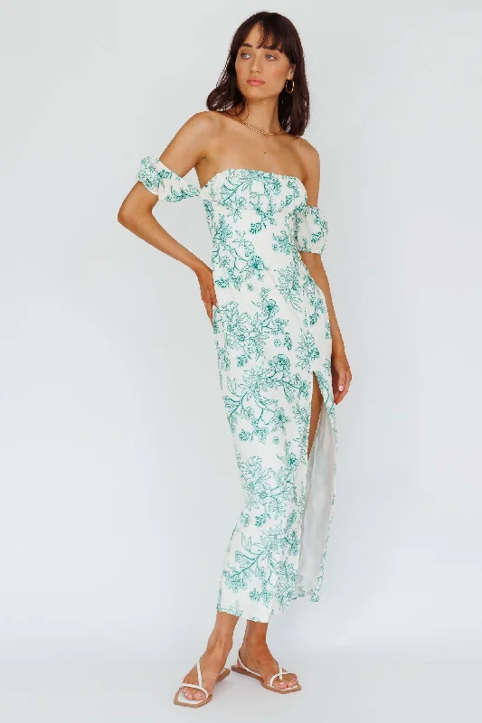 Maxi Women Dress with Floral Print for a Bohemian VibeOlivier Off-Shoulder Midi Dress Floral Green