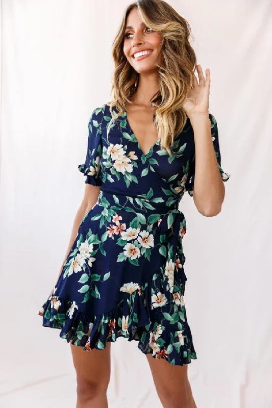 Lace - Embellished Women Dress for an Elegant and Sophisticated AppearanceOmara Floral Wrap Ruffle Trim Dress Navy Lace - Embellished Women Dress for an Elegant and Sophisticated AppearanceOmara Floral Wrap Ruffle Trim Dress Navy