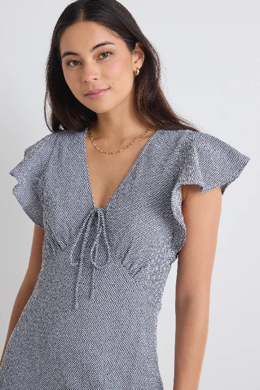Strapless Women Dress with a Built - in Bra for Comfort and SupportOvation Black Ditsy Gingham Flutter Ss Keyhole Tie Midi Dress