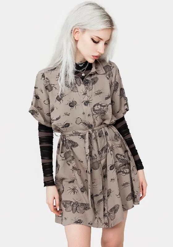 Mini Women Dress with a Short Hem for a Young and Trendy StyleParasite Bugs Print Mini Short Sleeve Shirt Dress - Taupe