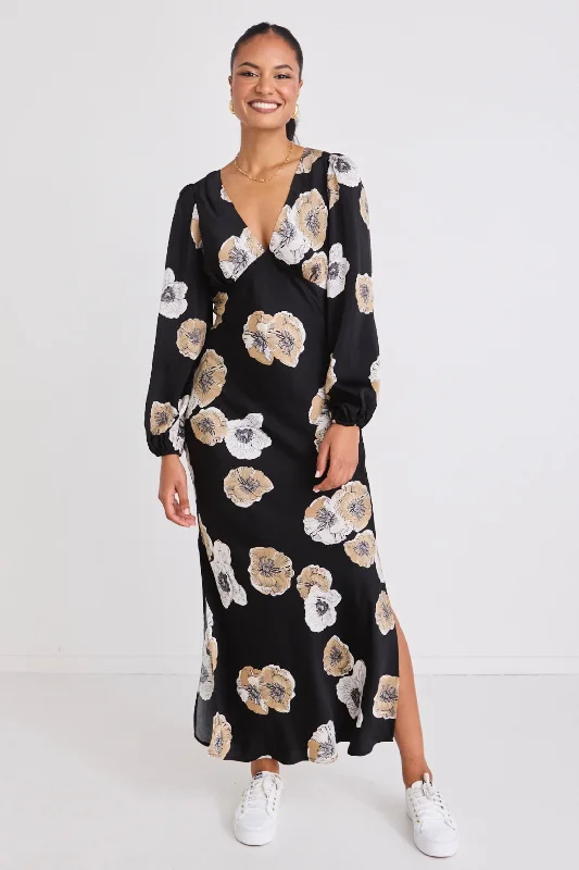 Empire Waist Women Dress to Accentuate the Bust and Conceal the WaistPhoenix Black Floral Satin LS Bias Midi Dress