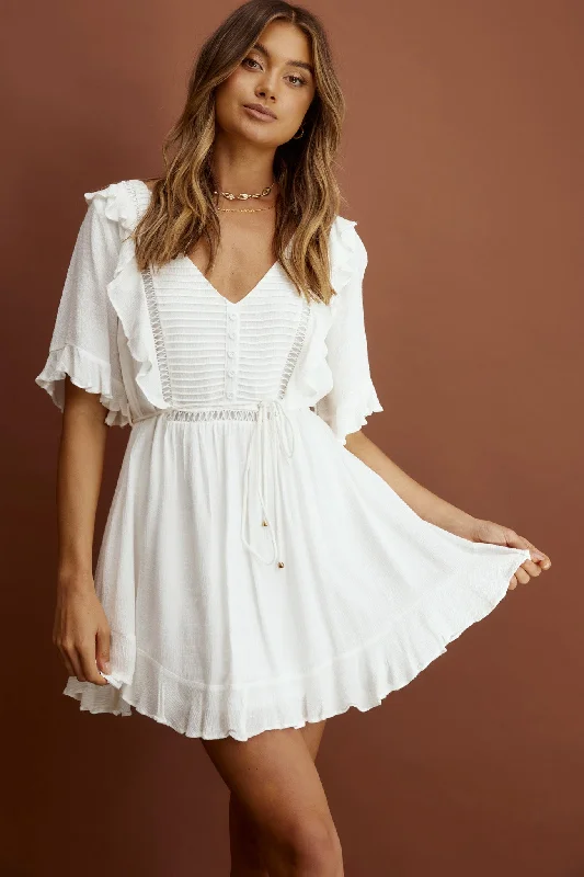 Empire Waist Women Dress to Accentuate the Bust and Conceal the WaistPromenade Faux Placket Pintuck Dress White Empire Waist Women Dress to Accentuate the Bust and Conceal the WaistPromenade Faux Placket Pintuck Dress White