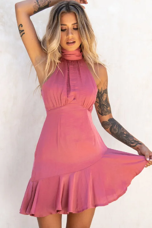 Ruffled Women Dress with Multiple Layers for a Playful and Girly StylePromises Halterneck Fluted Hem Dress Rose