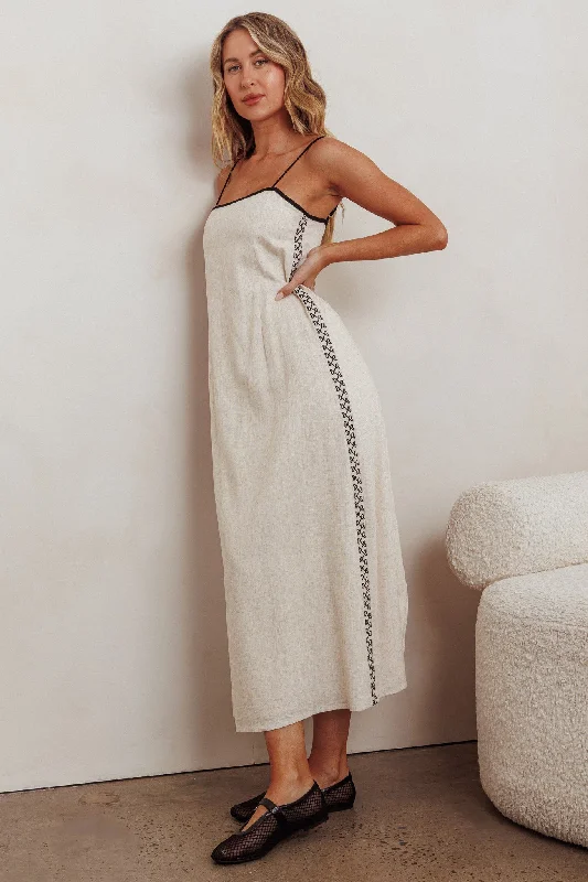 Mermaid - Style Women Dress with a Fitted Silhouette for Special OccasionsRadiance Contrast Embroidery Midi Dress Oat