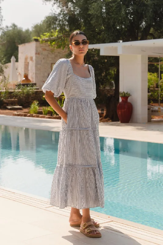 Off - the - Shoulder Women Dress for a Romantic and Feminine LookSparrow Blue Stripe Puff Short Sleeve Tiered Maxi Dress