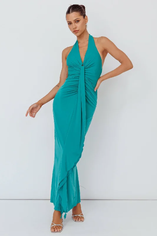 Lace - Embellished Women Dress for an Elegant and Sophisticated AppearanceRay Of Light Ruched Halterneck Maxi Dress Green