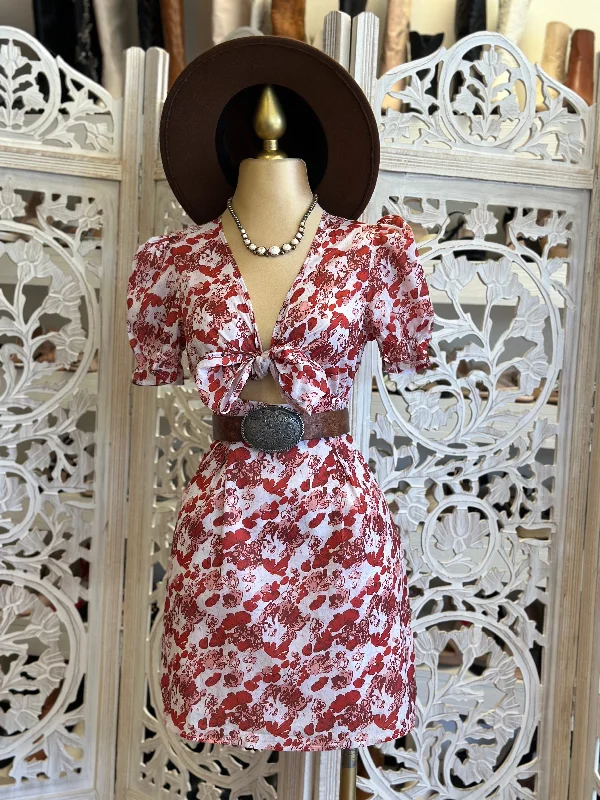 Mini Women Dress with a Short Hem for a Young and Trendy StyleRed Floral Bow Tie Dress- Not Stretchy