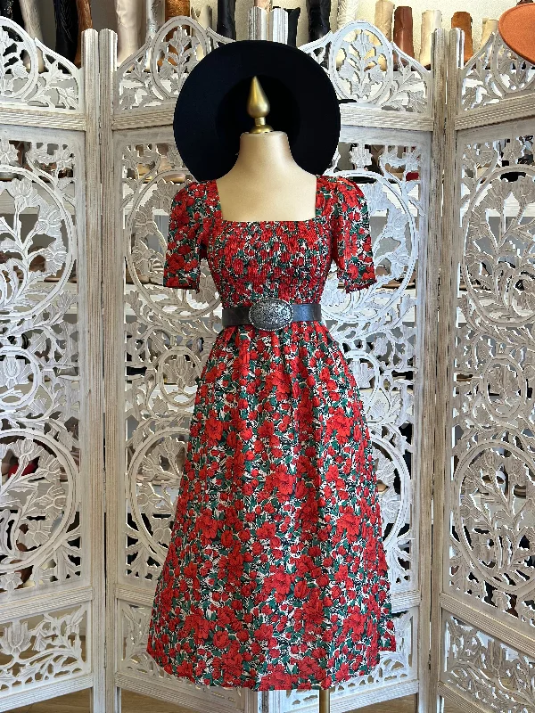 Sleeveless Women Dress in Bright Colors for Summer PartiesRed Floral Square Neck Dress- Stretchy