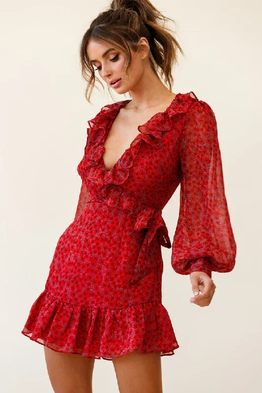 Maxi Women Dress with Floral Print for a Bohemian VibeRegina Long Sleeve Ruffle Neckline Dress Flower Print Red