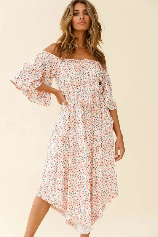 Mini Women Dress with a Short Hem for a Young and Trendy StyleRenoir Off-Shoulder Frill Trim Dress Floral Print Pink