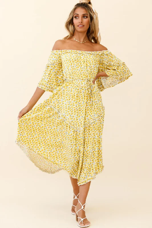 Ruffled Women Dress with Multiple Layers for a Playful and Girly StyleRenoir Off-Shoulder Frill Trim Dress Floral Print Yellow