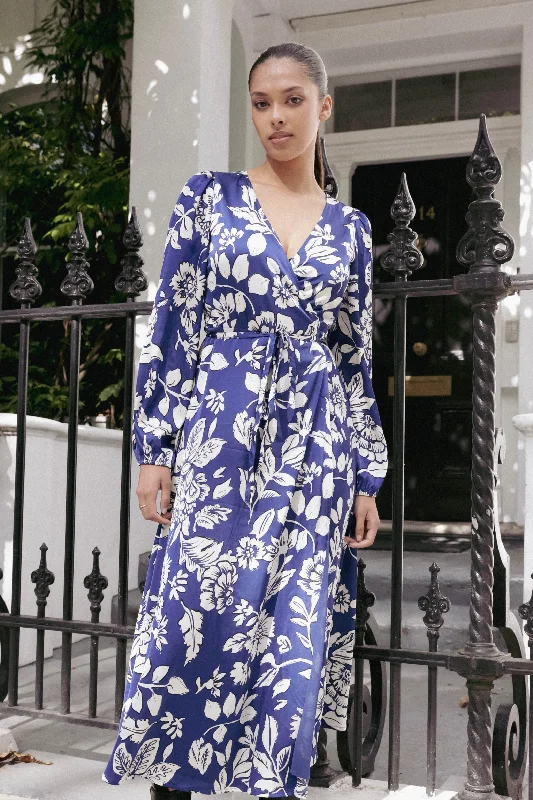 Strapless Women Dress with a Built - in Bra for Comfort and SupportResonance Blue Floral Satin LS Wrap Maxi Dress Strapless Women Dress with a Built - in Bra for Comfort and SupportResonance Blue Floral Satin LS Wrap Maxi Dress