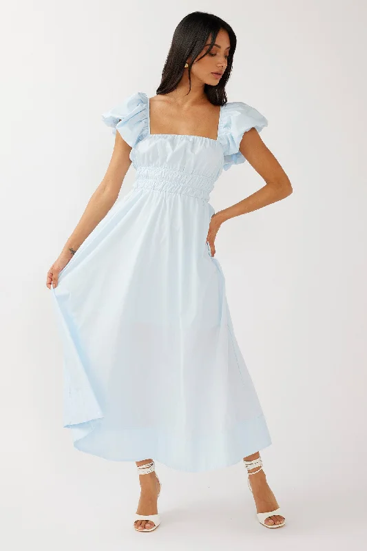Off - the - Shoulder Women Dress for a Romantic and Feminine LookRose Meadow Puffed Sleeve Midi Dress Blue Off - the - Shoulder Women Dress for a Romantic and Feminine LookRose Meadow Puffed Sleeve Midi Dress Blue