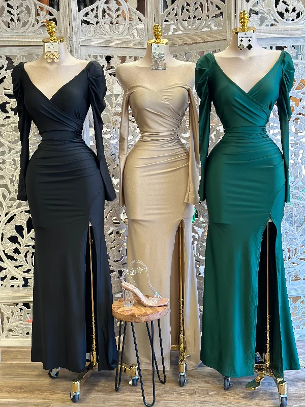 Backless Women Dress for a Sexy and Alluring Look at Evening EventsRuched Long Sleeve Wrapped Gown- Stretchy,Estira