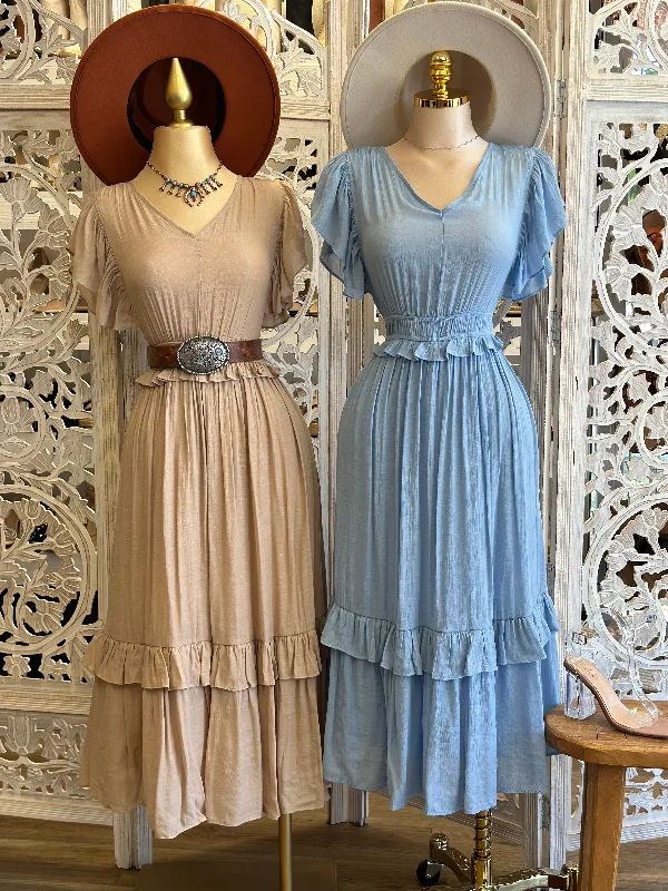 Sleeveless Women Dress in Bright Colors for Summer PartiesRuffle Linen Blend Maxi Dress- Stretchy, Estira