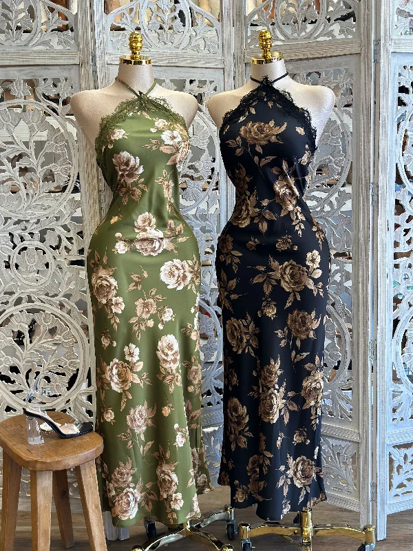 Ball Gown Women Dress with a Full Skirt for a Princess - like LookSatin Floral Lace Trim Maxi Dress- Not Stretchy, No Estira
