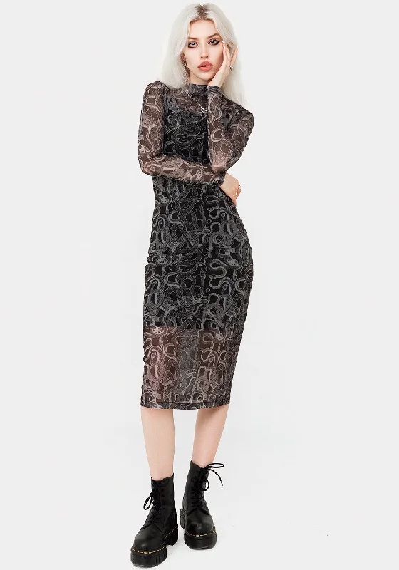 Sleeveless Women Dress in Bright Colors for Summer PartiesSerpente Print Mesh Bodycon Midi Dress