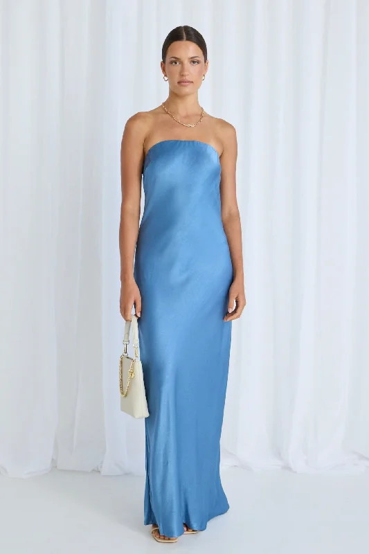 Pleated Women Dress with a Timeless and Elegant TextureShade Blue Satin Strapless Bias Dress