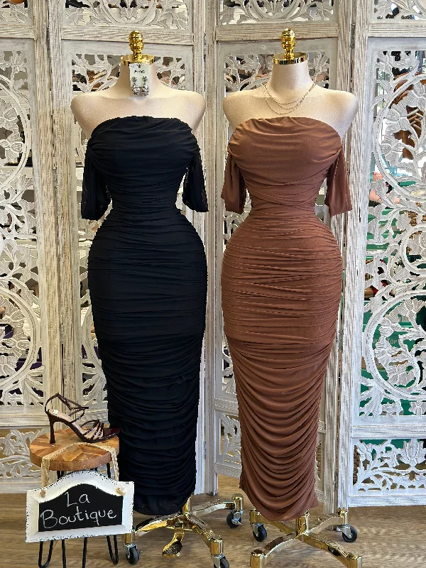 Mini Women Dress with a Short Hem for a Young and Trendy StyleShoulder Ruched Mesh Dress- Stretchy,Estira