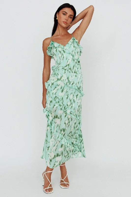 Halter Neck Women Dress to Show Off the Shoulders and NecklineSilvana Frill Trim Midi Dress Print Green Halter Neck Women Dress to Show Off the Shoulders and NecklineSilvana Frill Trim Midi Dress Print Green
