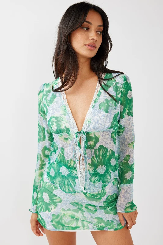 Mini Women Dress with a Short Hem for a Young and Trendy StyleSincerity Long Sleeve Tie Front Top Print Green