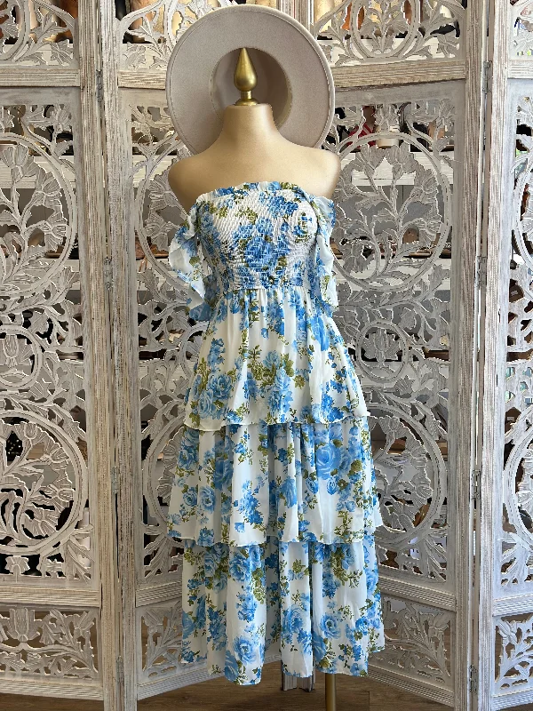 Sleeveless Women Dress in Bright Colors for Summer PartiesSmocked Blue Floral Ruffle Dress- Stretchy, Estira