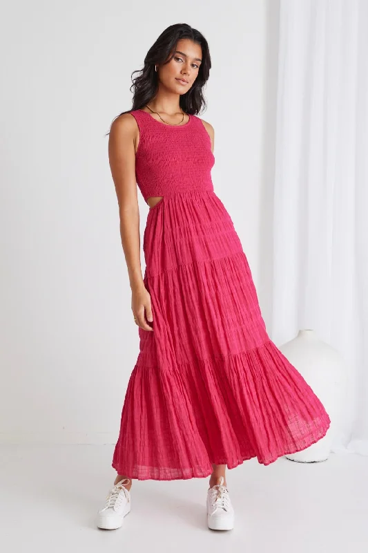Sheath Women Dress with a Tailored Fit for a Professional LookSorella Raspberry Shirred Cotton Sleeveless Waist Cut Out Tiered Maxi Dress Sheath Women Dress with a Tailored Fit for a Professional LookSorella Raspberry Shirred Cotton Sleeveless Waist Cut Out Tiered Maxi Dress