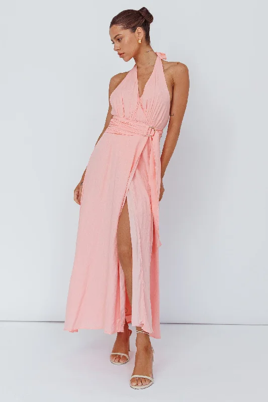 Ball Gown Women Dress with a Full Skirt for a Princess - like LookSpring Feels Halterneck Belt Maxi Dress Peach