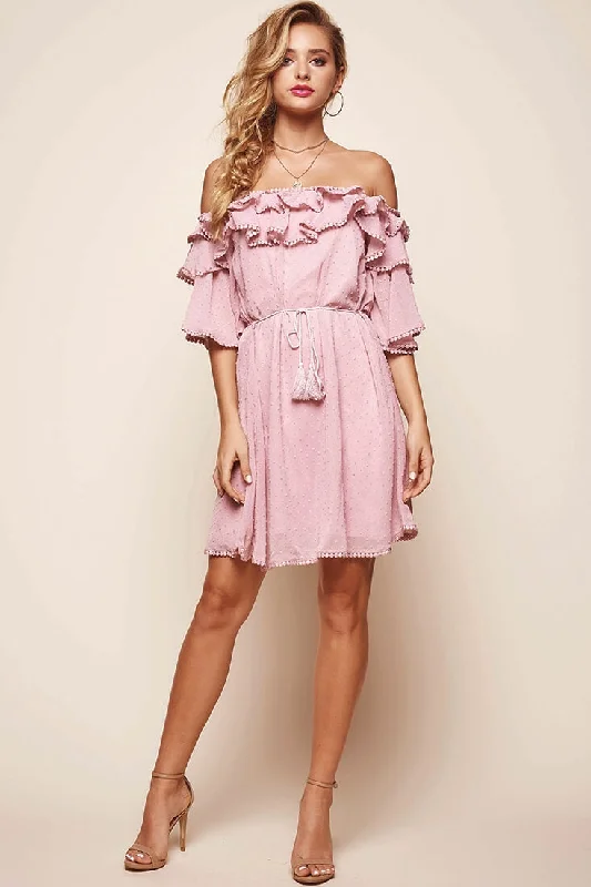 Empire Waist Women Dress to Accentuate the Bust and Conceal the WaistSpringtime Hail Spot Chiffon Off Shoulder Dress Blush